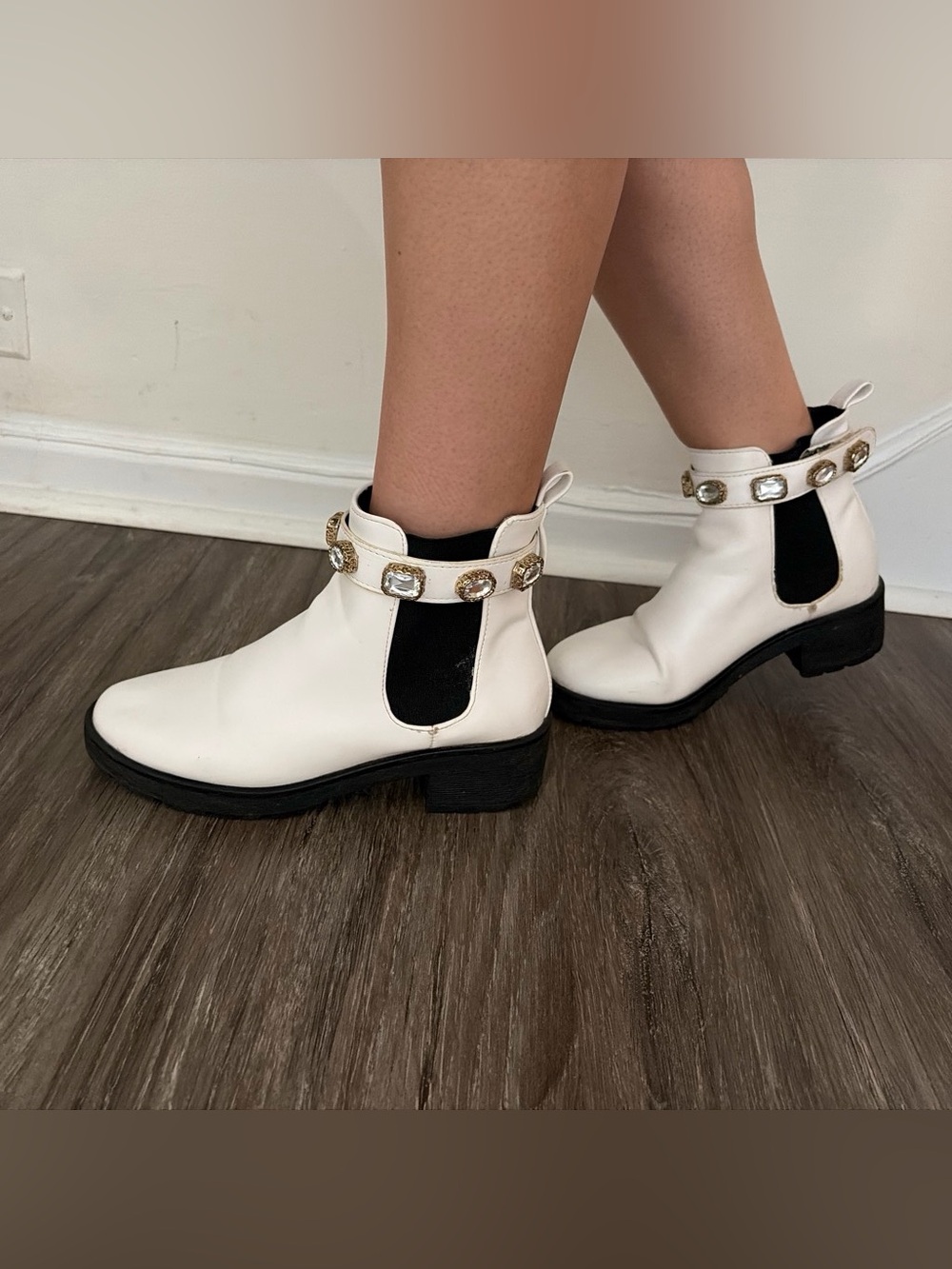 White Chelsea Ankle Boots with Removable Jewel Strap